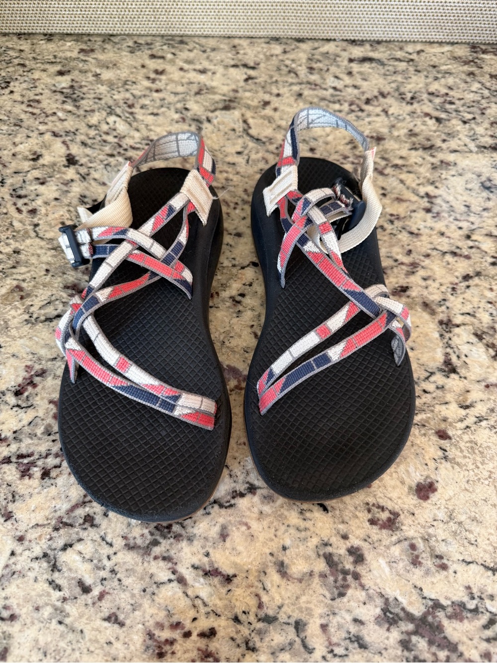 Chaco Women's Sandals with Red, White, and Blue Patterned Straps